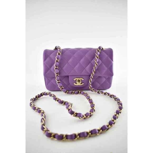 Chanel 22P Purple Gold Chain Mini Flap Rectangle CC Logo Quilted Crossbody Bag - Picture 4 of 12